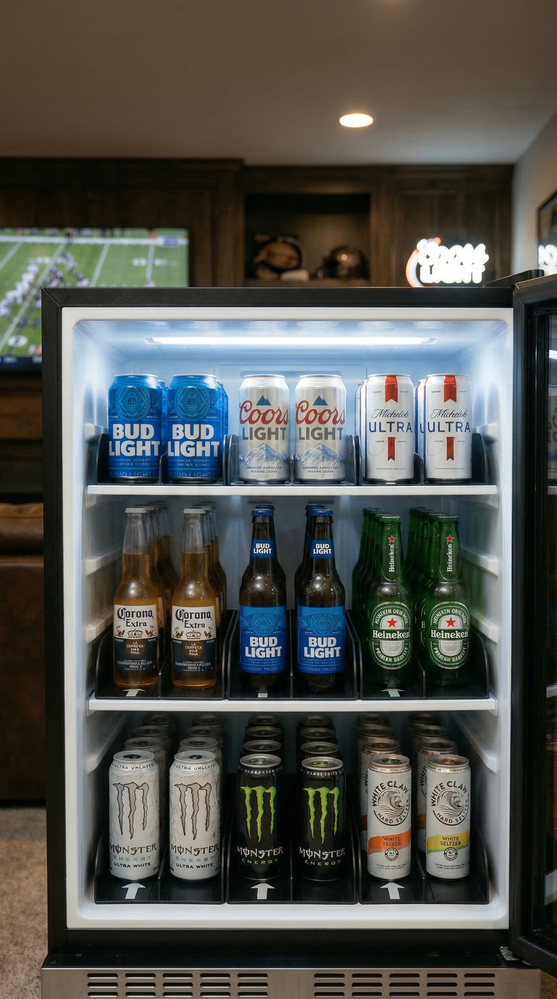 FIFO beverage organizer trays inside a bar cooler fridge holding beer cans, bottles, and seltzers with first-in first-out drink rotation system