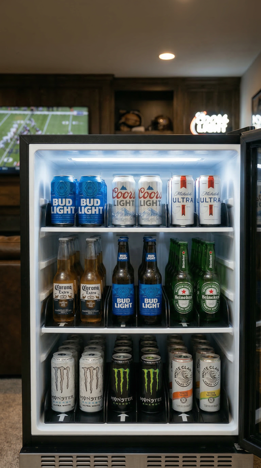 FIFO beverage organizer trays inside a bar cooler fridge holding beer cans, bottles, and seltzers with first-in first-out drink rotation system