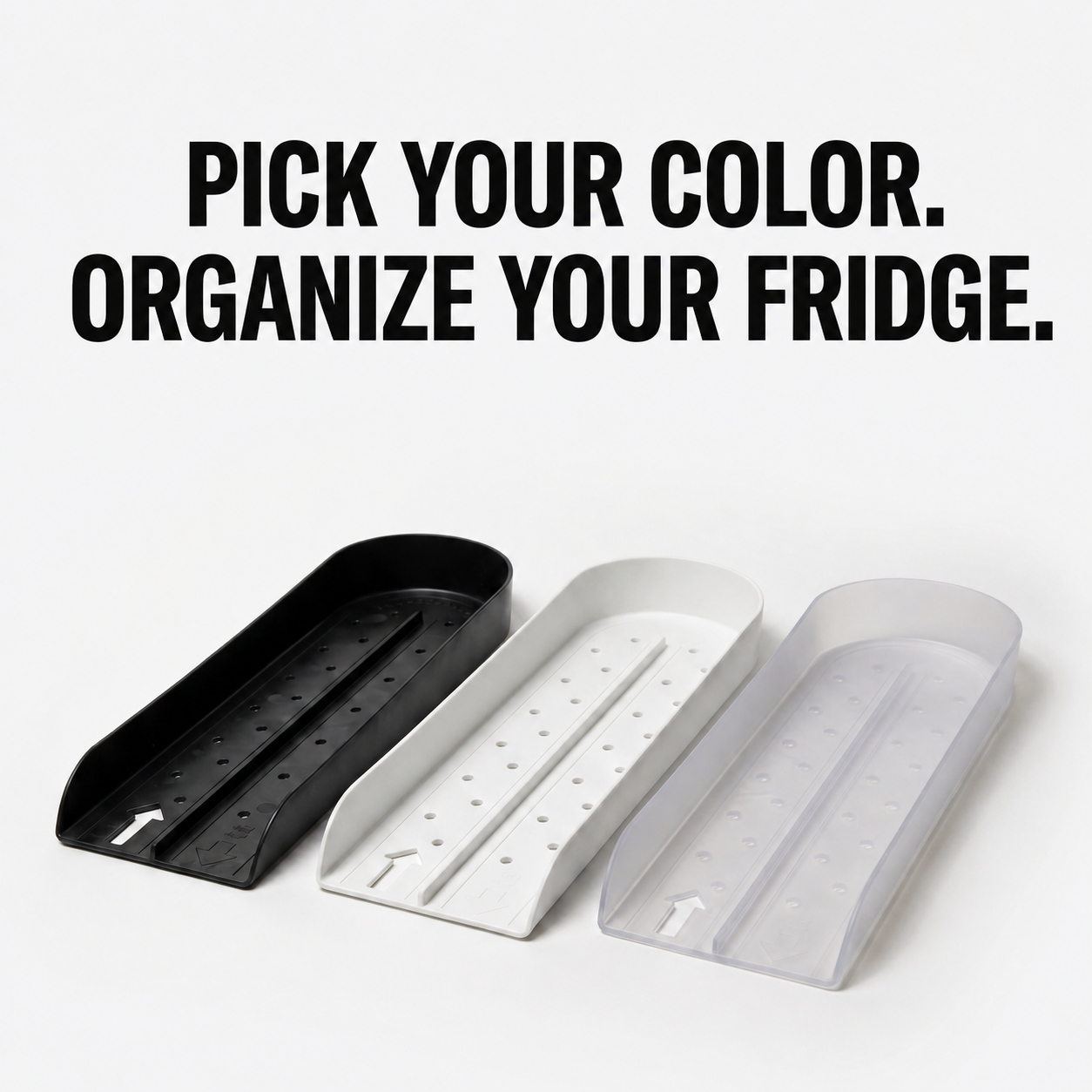beverage organizer trays for fridge in black, white, and frost colors showing FIFO drink organizer design options