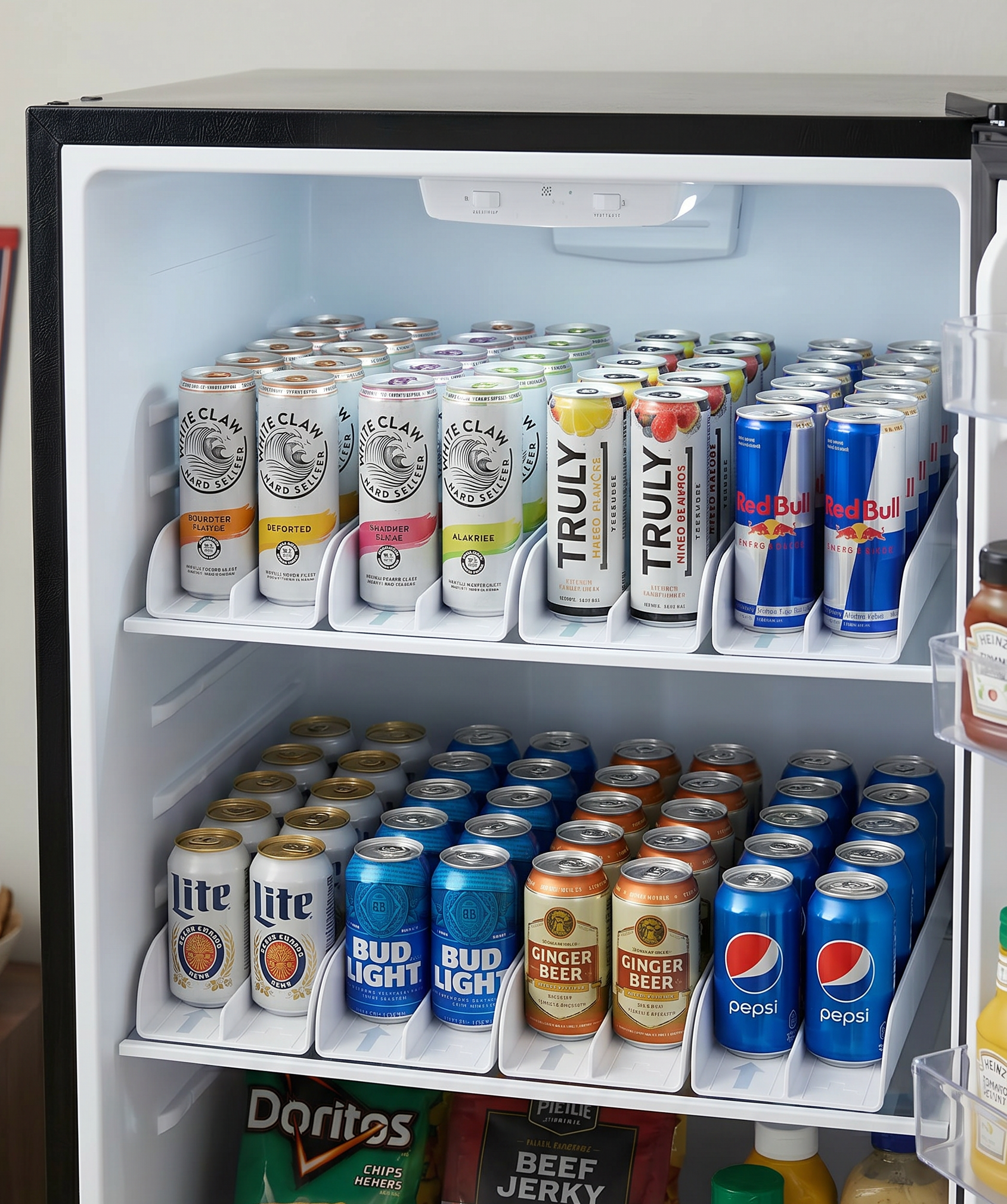 Fridge drink organizer with FIFO system holding soda cans, seltzers, and energy drinks neatly aligned in an organized home refrigerator
