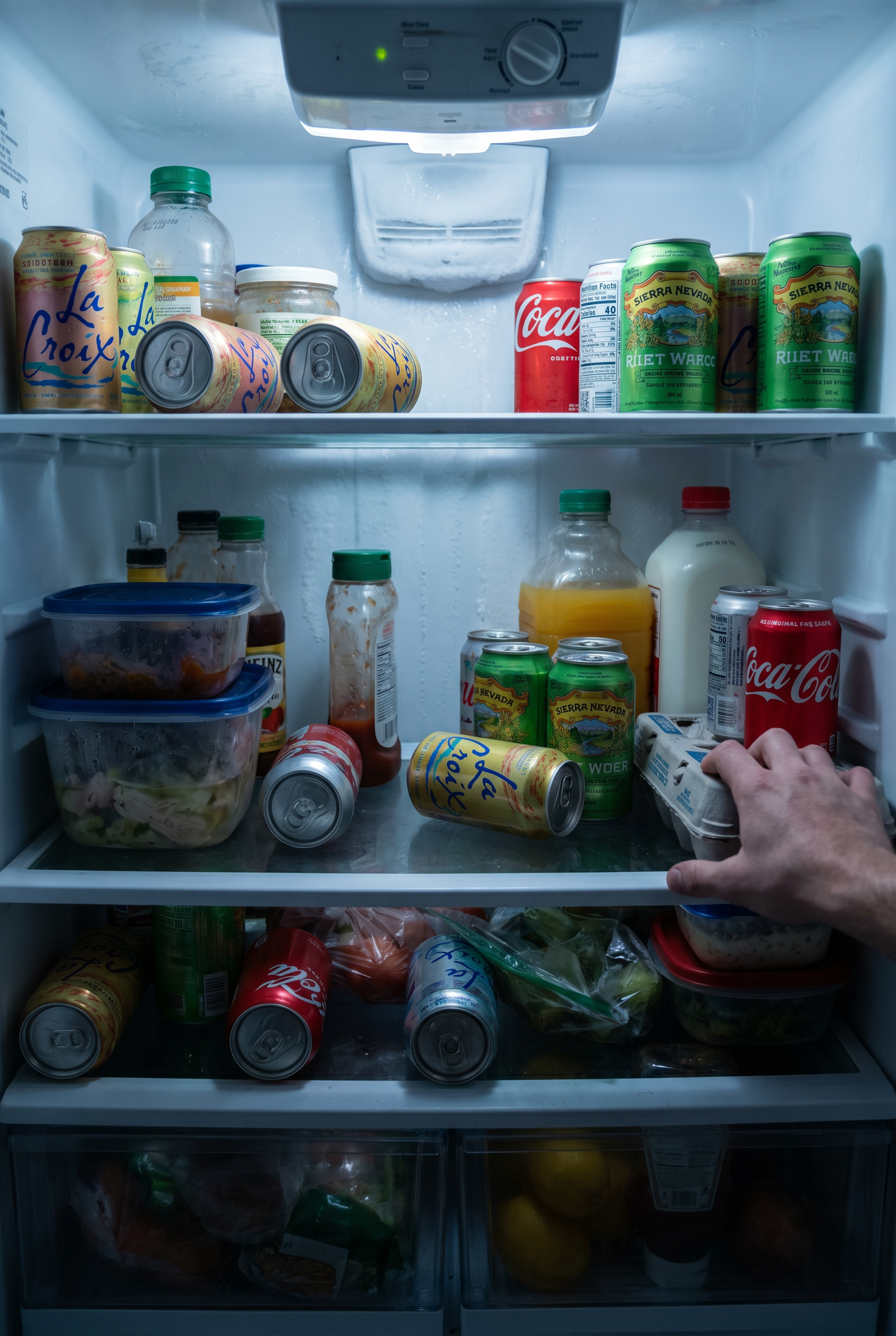 Messy refrigerator with loose soda cans, food containers, and cluttered shelves showing poor fridge organization before using a drink organizer