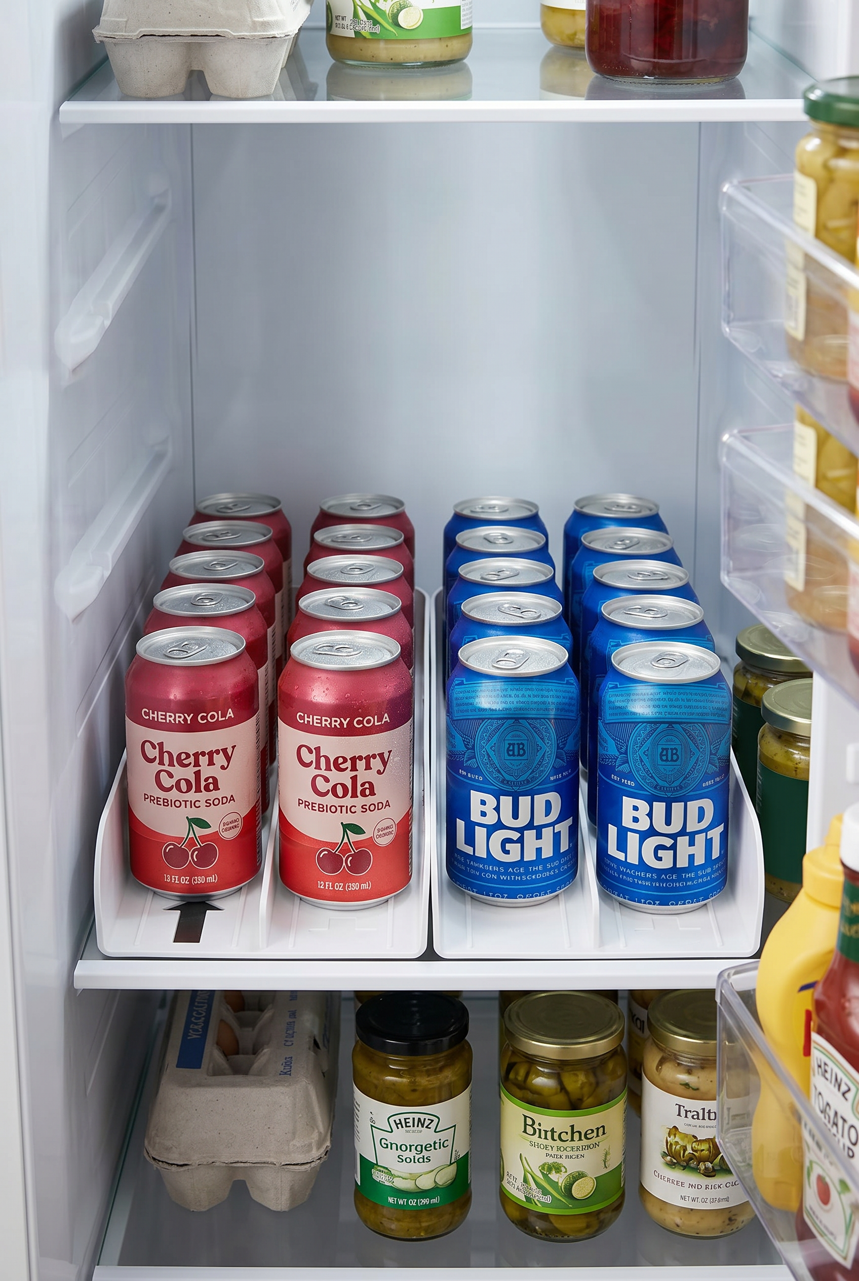 Organized refrigerator with FIFO drink organizer trays holding soda and beer cans neatly aligned for easy access, fridge drink organizer in use