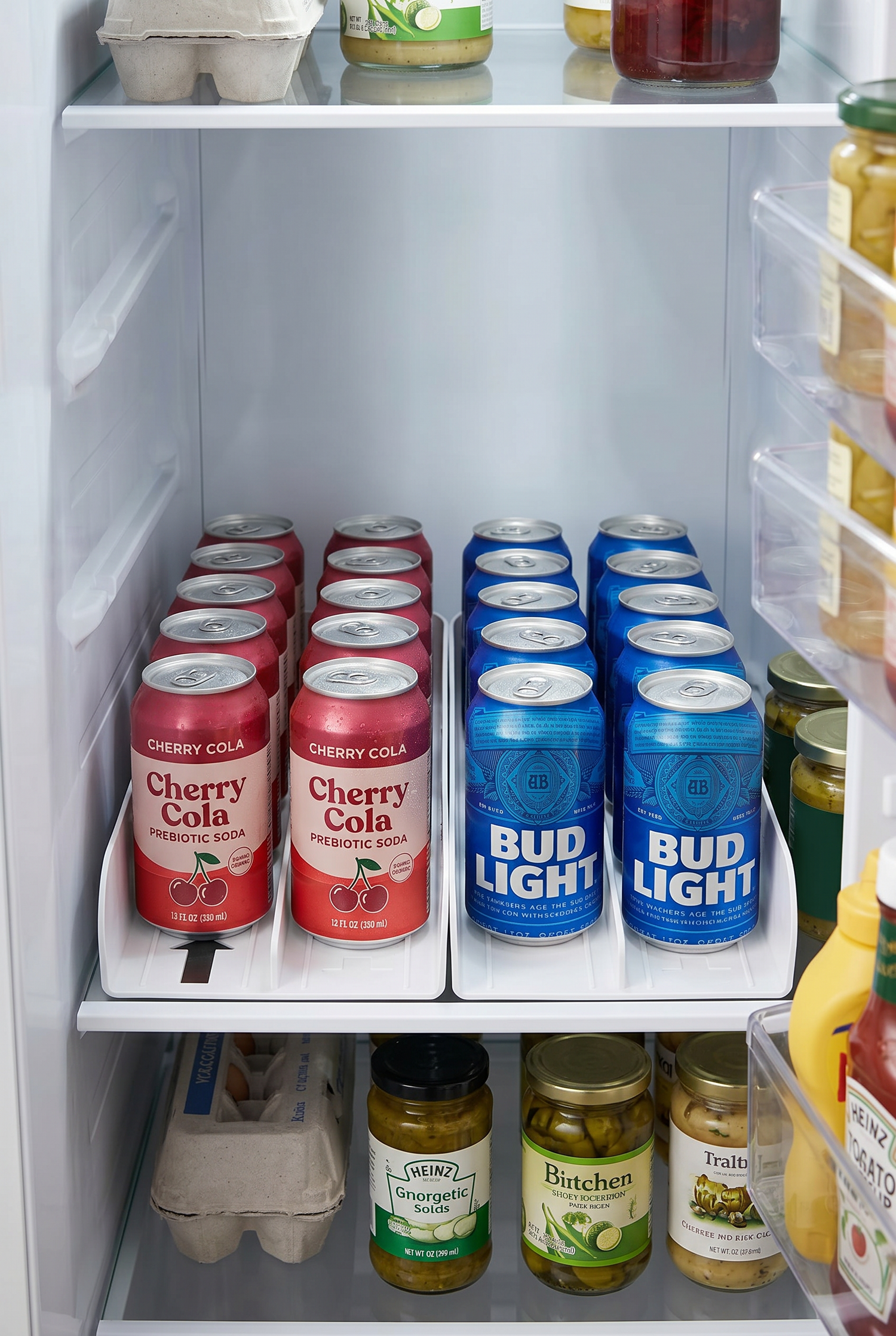 fridge can organizer trays with FIFO system holding soda and beer cans neatly aligned and rotated for easy access