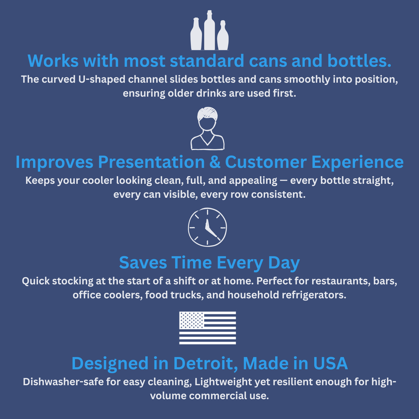 Infographic detailing U-Beverage Tray™ features: U-shaped channels, improved presentation, time-saving stocking, and USA-made quality
