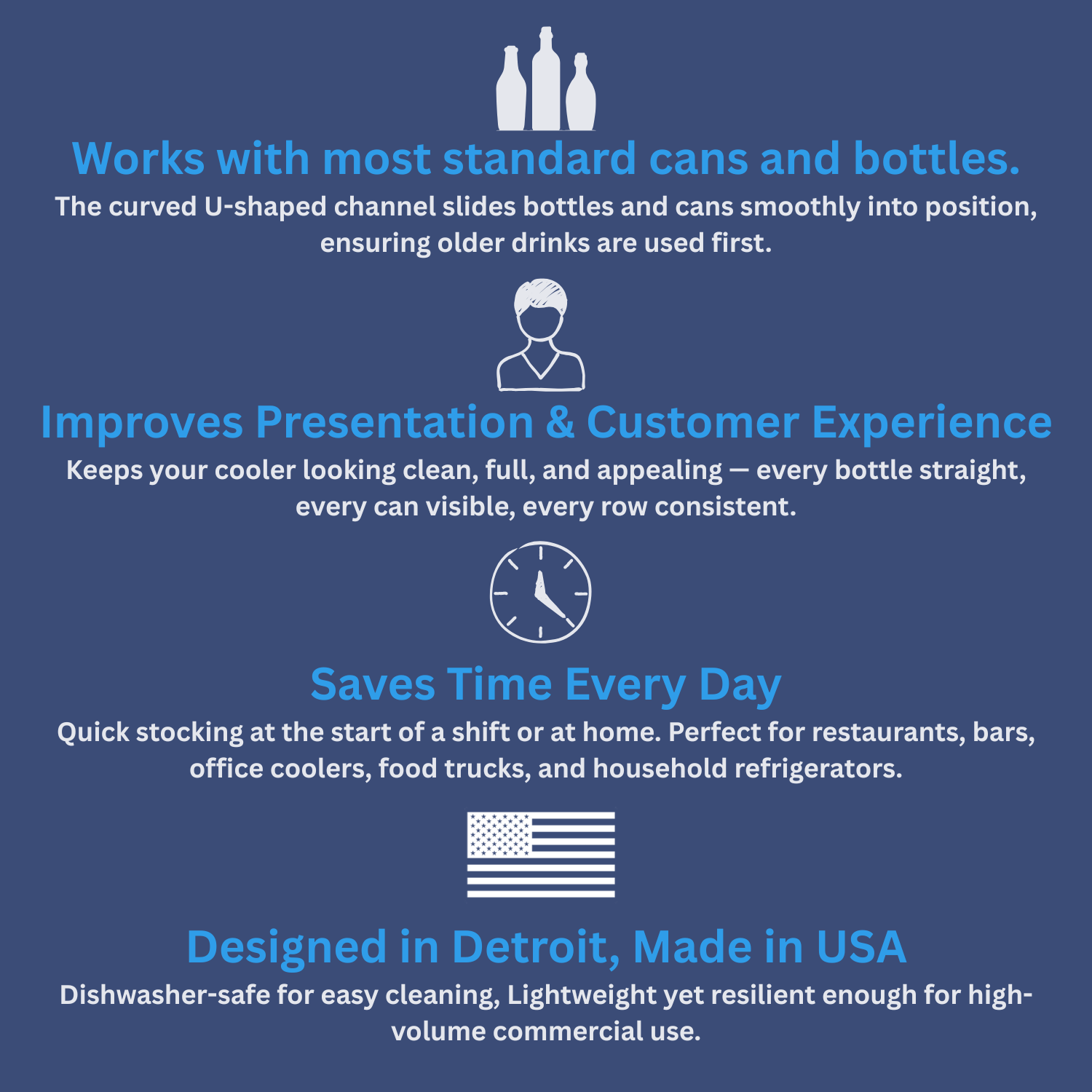 Infographic detailing U-Beverage Tray™ features: U-shaped channels, improved presentation, time-saving stocking, and USA-made quality