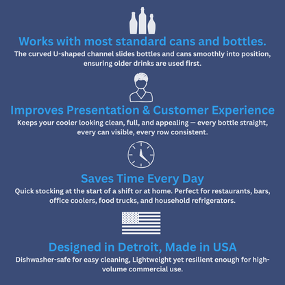 Infographic detailing U-Beverage Tray™ features: U-shaped channels, improved presentation, time-saving stocking, and USA-made quality