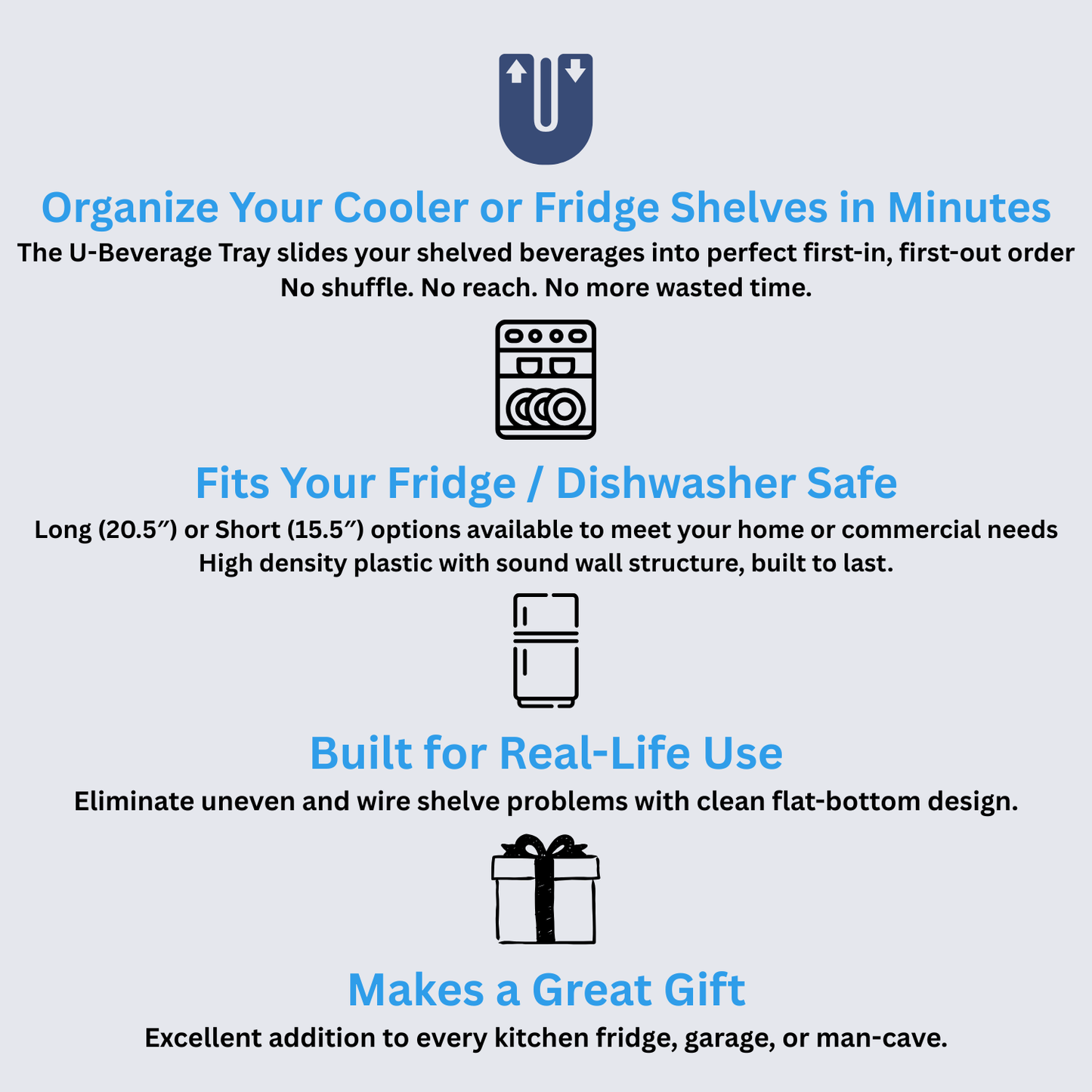 Product description for a U-Beverage Tray with features and benefits on a light blue background.