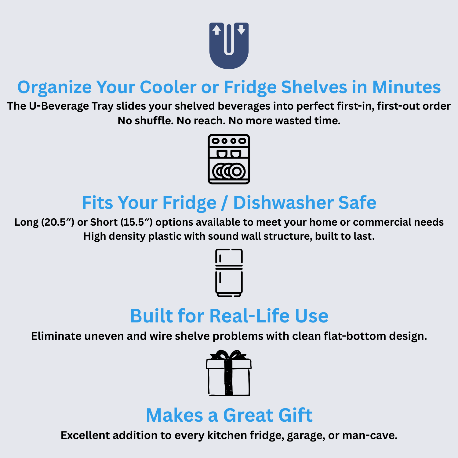 Product description for a U-Beverage Tray with features and benefits on a light blue background.