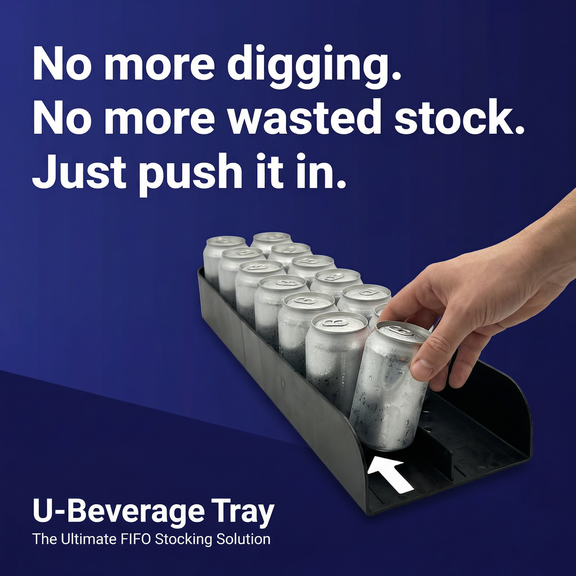 U-Beverage Tray Long Black FIFO drink organizer in use, showing cans being stocked and retrieved