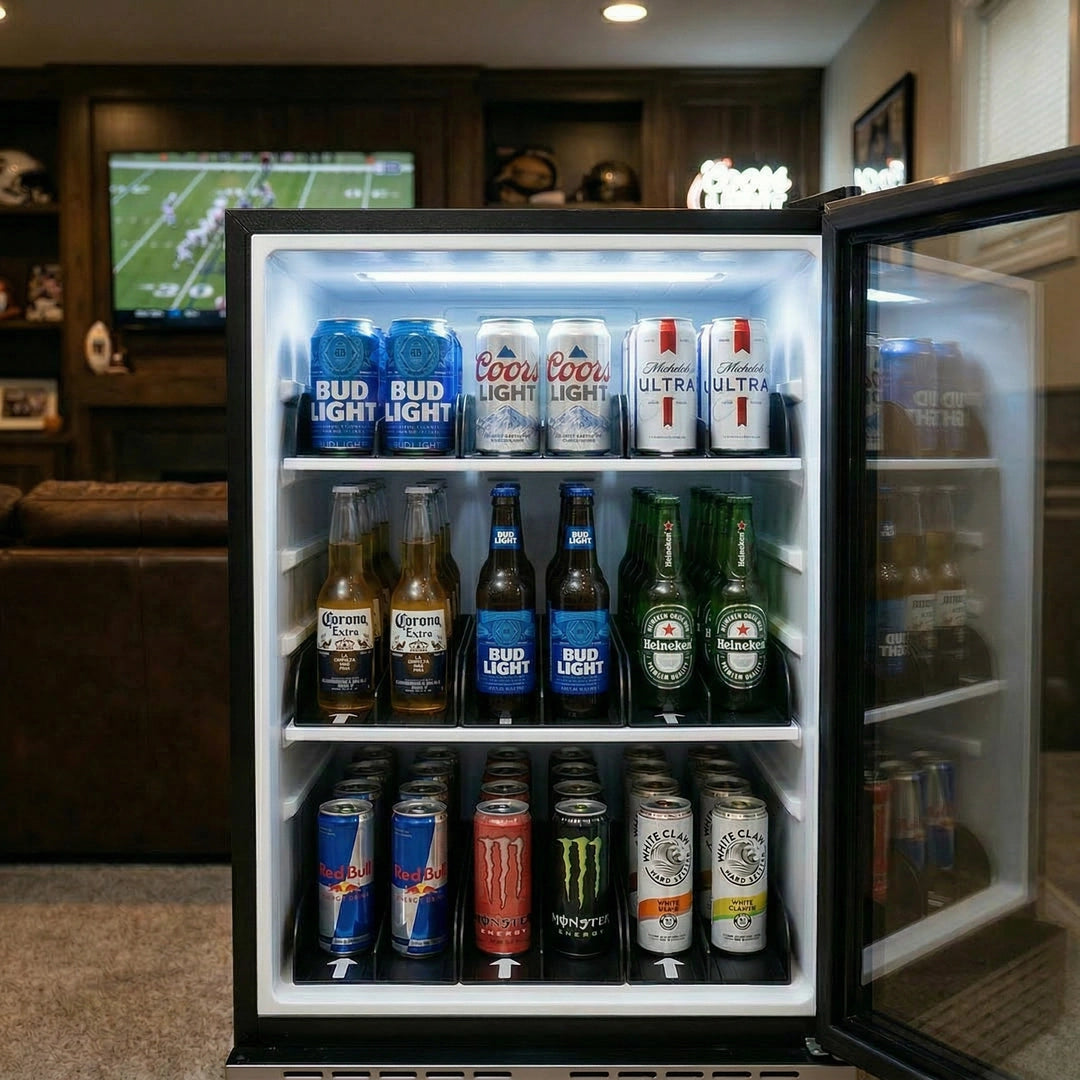 multiple FIFO drink organizer trays arranged side by side on fridge shelf